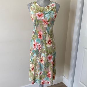 Hilo Hattie Sleeveless Hawaiian Aloha Floral Midi Bias Cut Dress Colorful Small